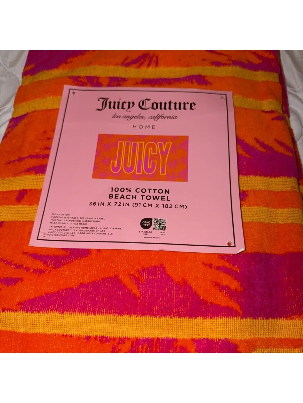 Juicy Couture Palm Tree Beach Towel Pink Orange 36x72 Cotton NWT
